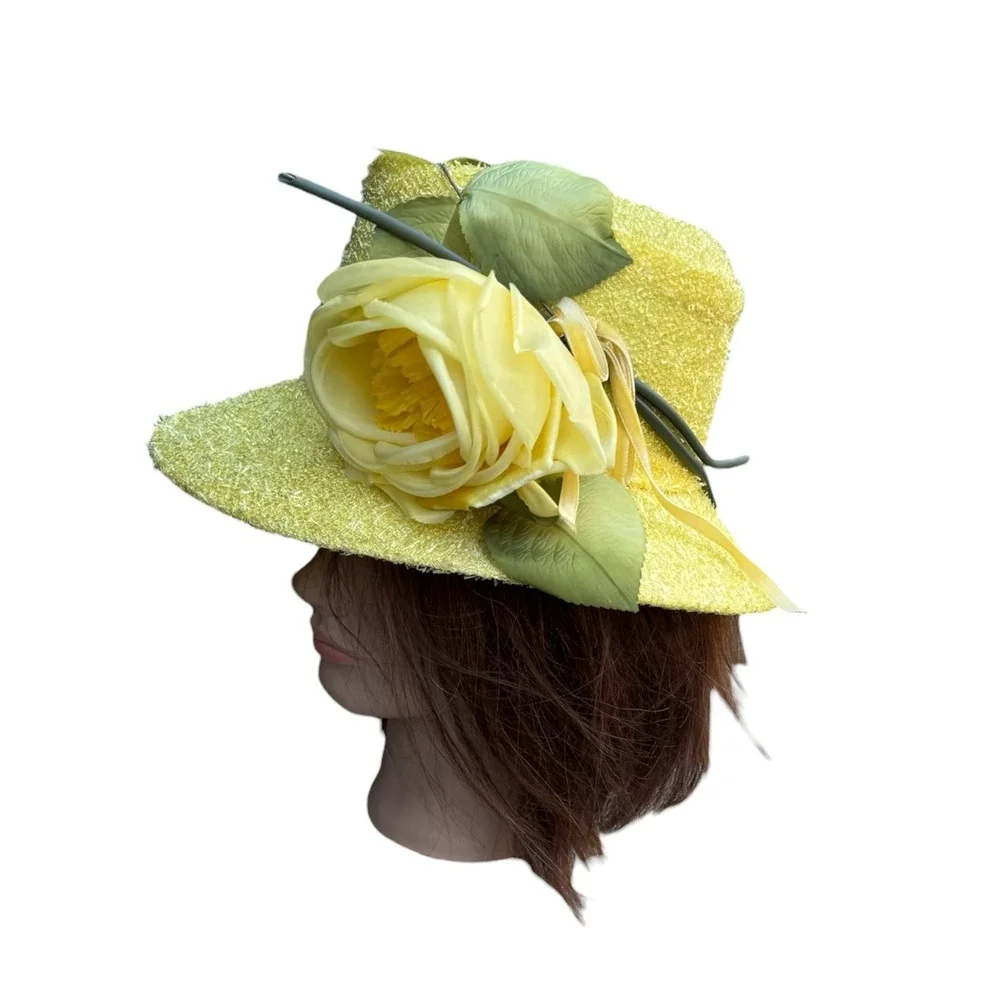 Vintage Style Yellow Boucle Tweed Cloche Hat Large Silk Rose Floral Church Derby